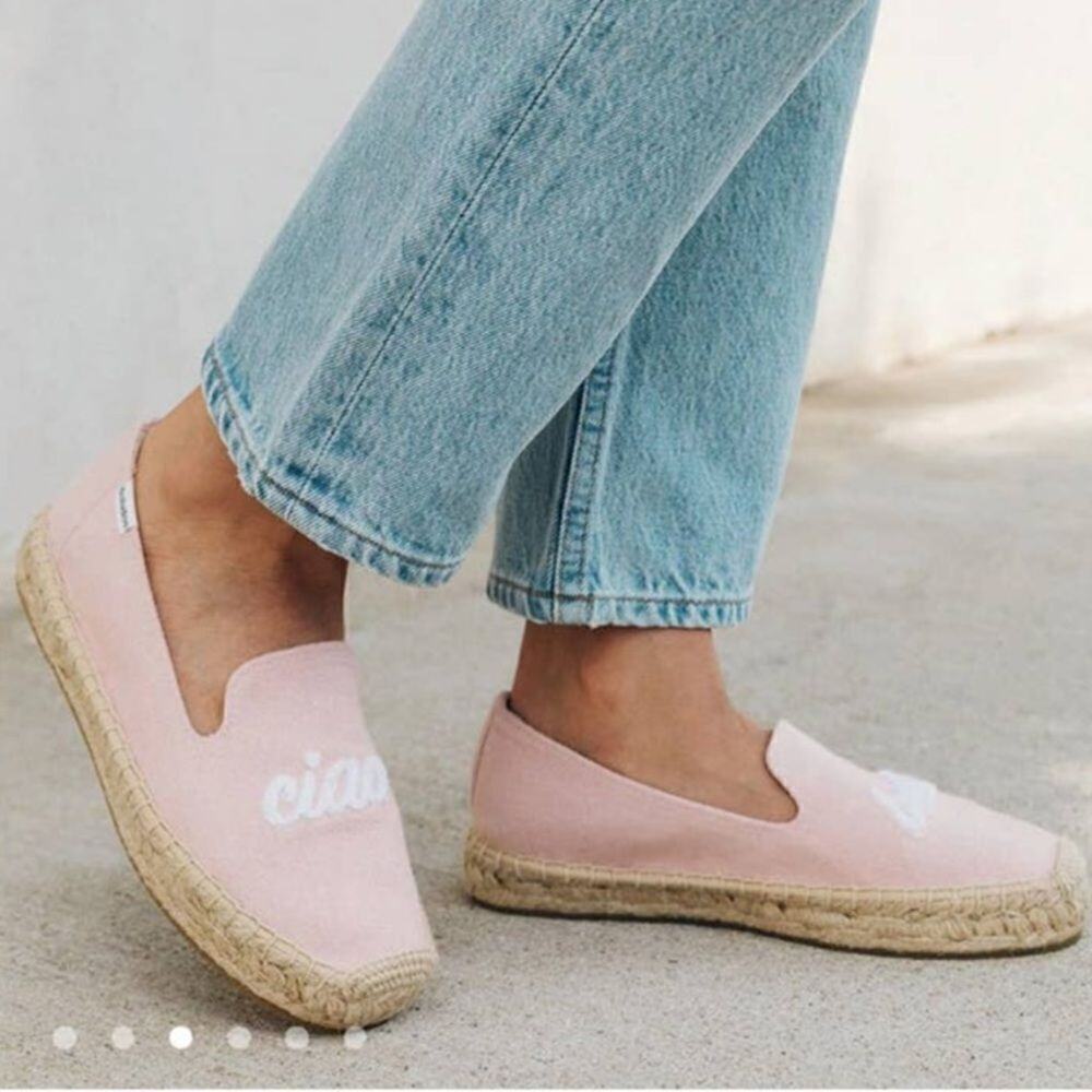 Anthropologie Soludos Ciao Bella Espadrilles Woven Platform Pink White Size 7.5